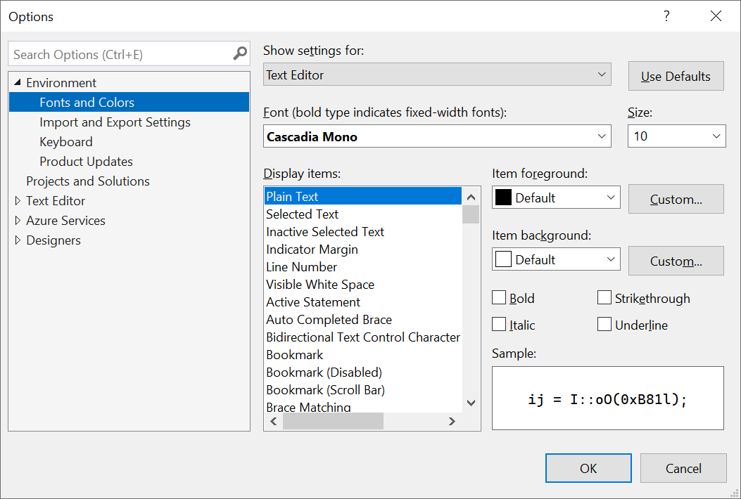 Options - Fonts and Colors