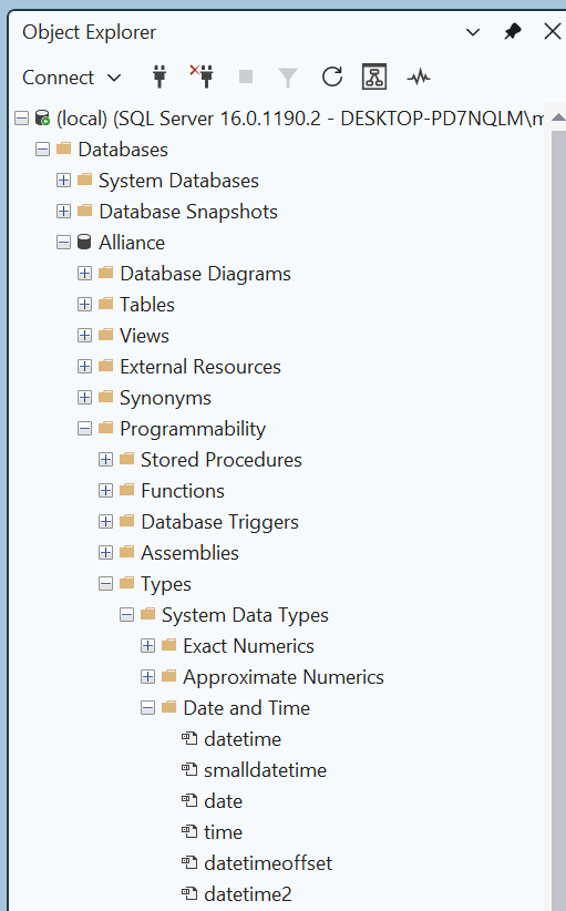 Object Explorer - Types - Date and Time