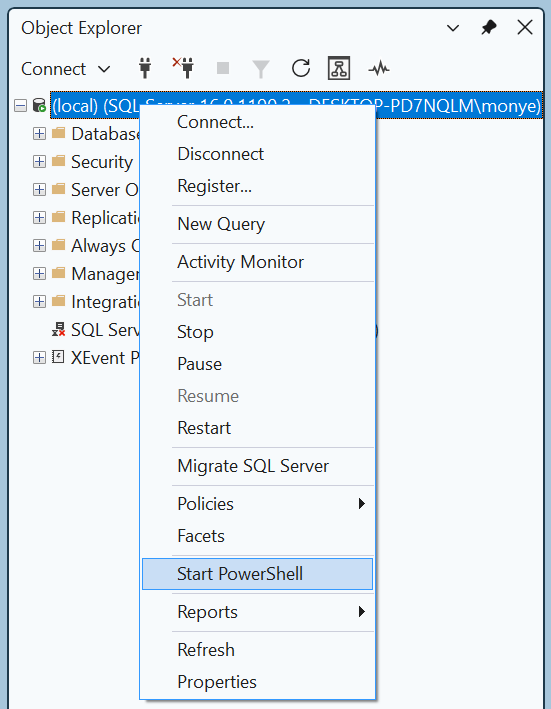 Starting PowerShell from the Object Explorer