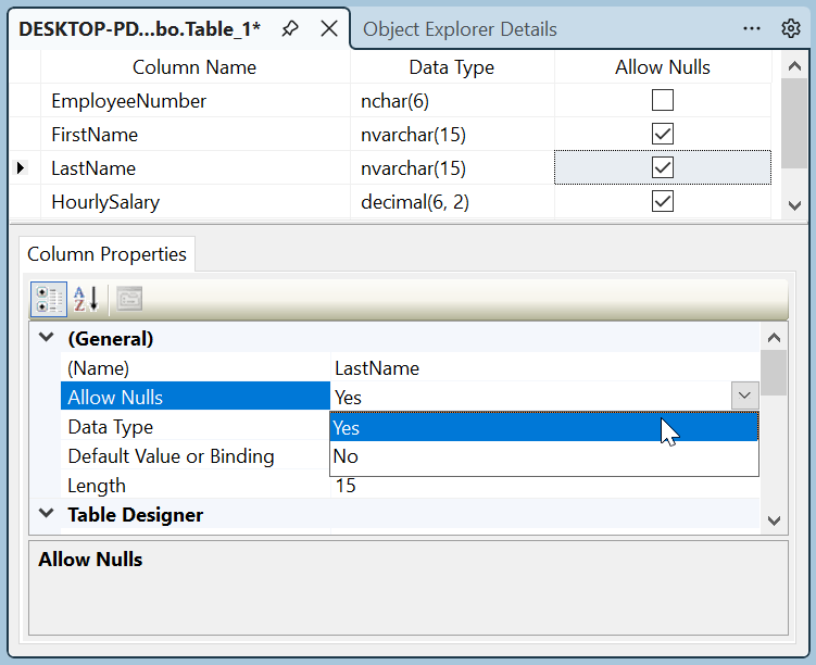 Visually Creating a NULL or NOT NULL Column