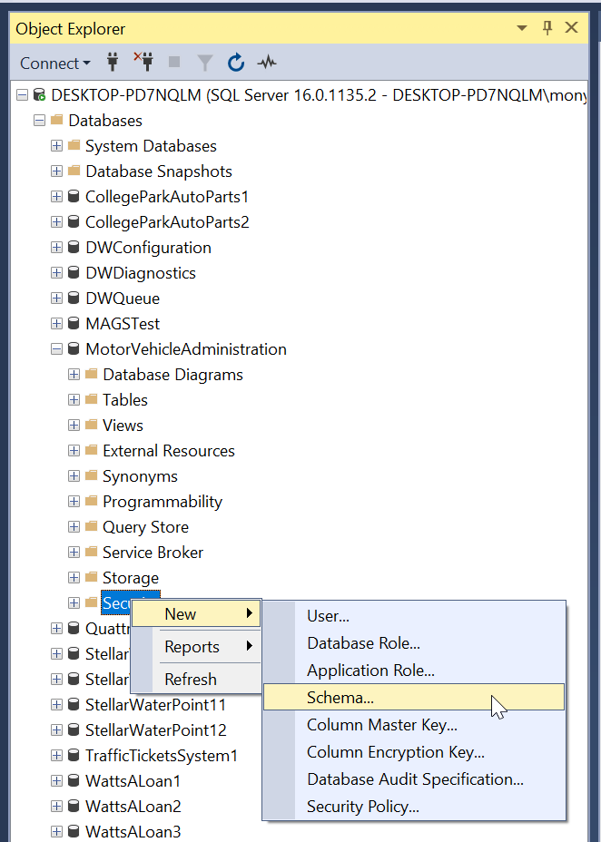 Object Explorer - New Schema