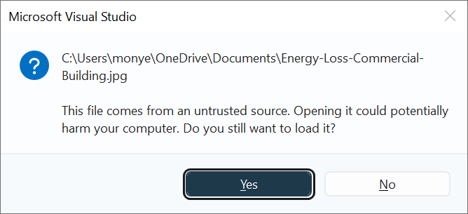 Microsoft Visual Studio - Opening a File - A Warning