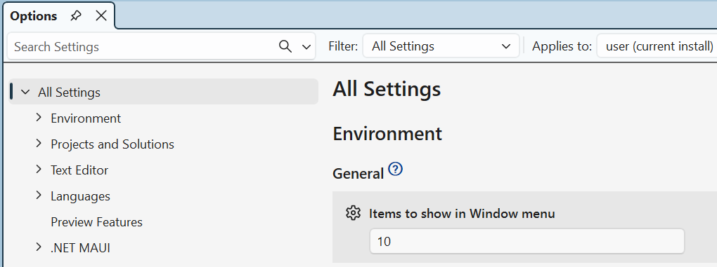Microsoft Visual Studio - Options