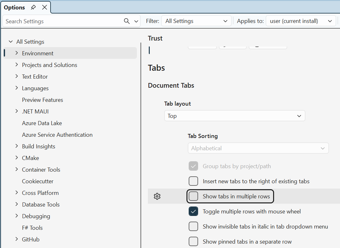 Tools Options - Tabs