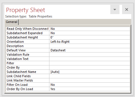 The Property Sheet of a Table