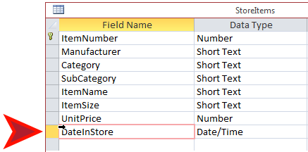 Table Design View - Field Selection