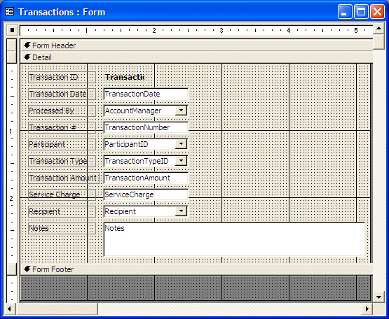 Transactions Form: Preparing to add a sub form: In Design