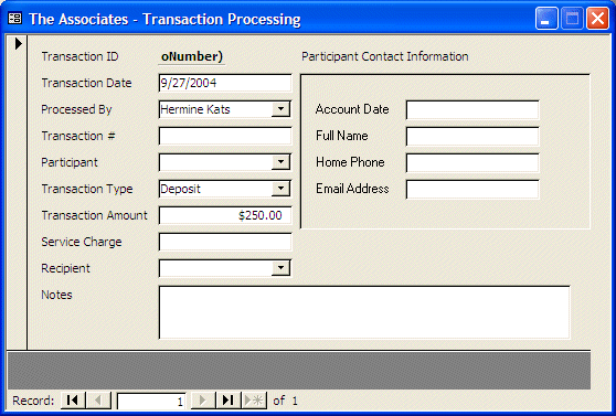 Transactions Form With a New Sub Form: Result