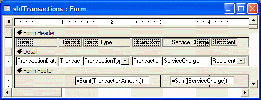 Transactions Sub Form: In Design With Two New Text Boxes