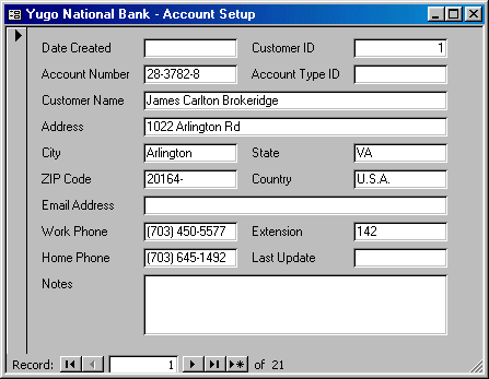 Yugo National Bank - Customers Account Setup: This form will be used by the person who creates accounts for customers to enter the necessary information to create a new account.