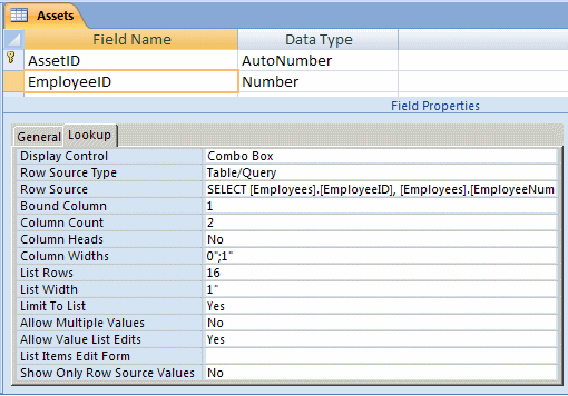 The configurations of the lookup field can be found in the Lookup section of the bottom part of the table in Design View