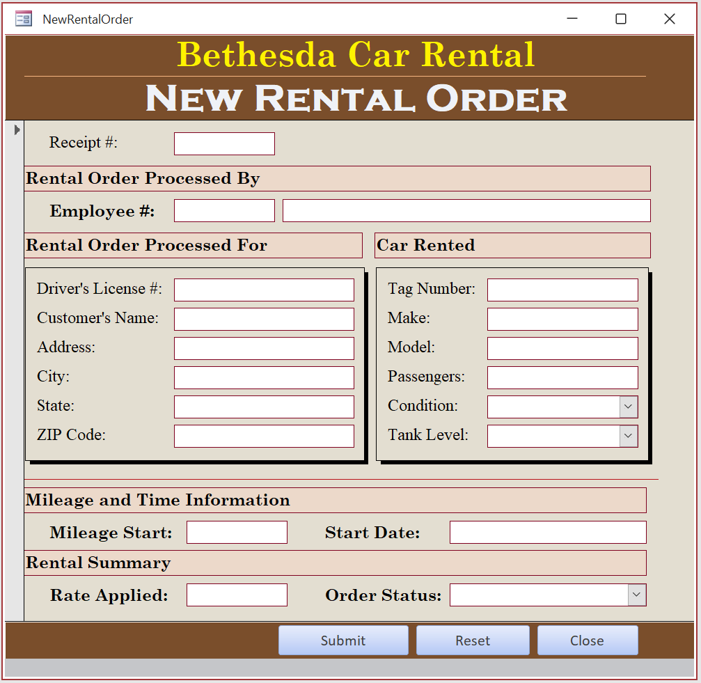Bethesda Car Rental - New Rental Order