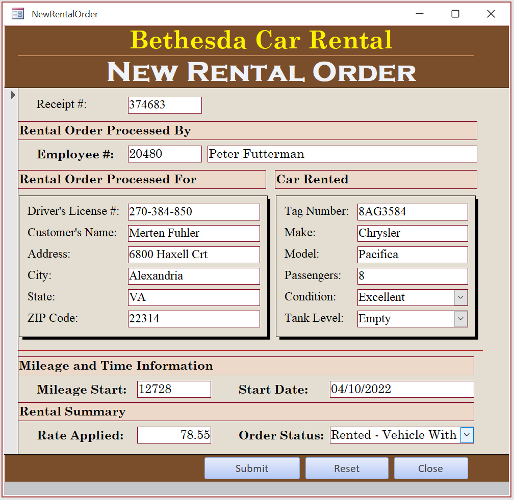 Bethesda Car Rental - New Rental Order