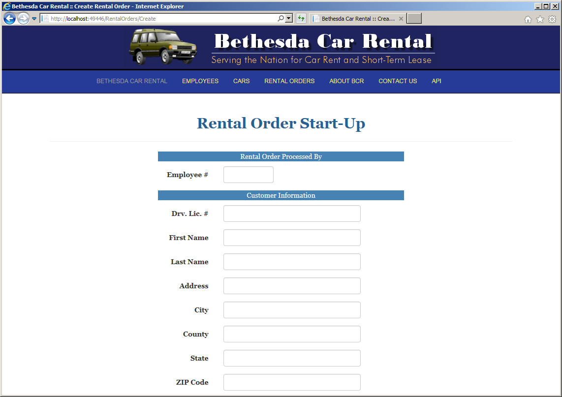 Bethesda Car Rental - Start New Rental Order