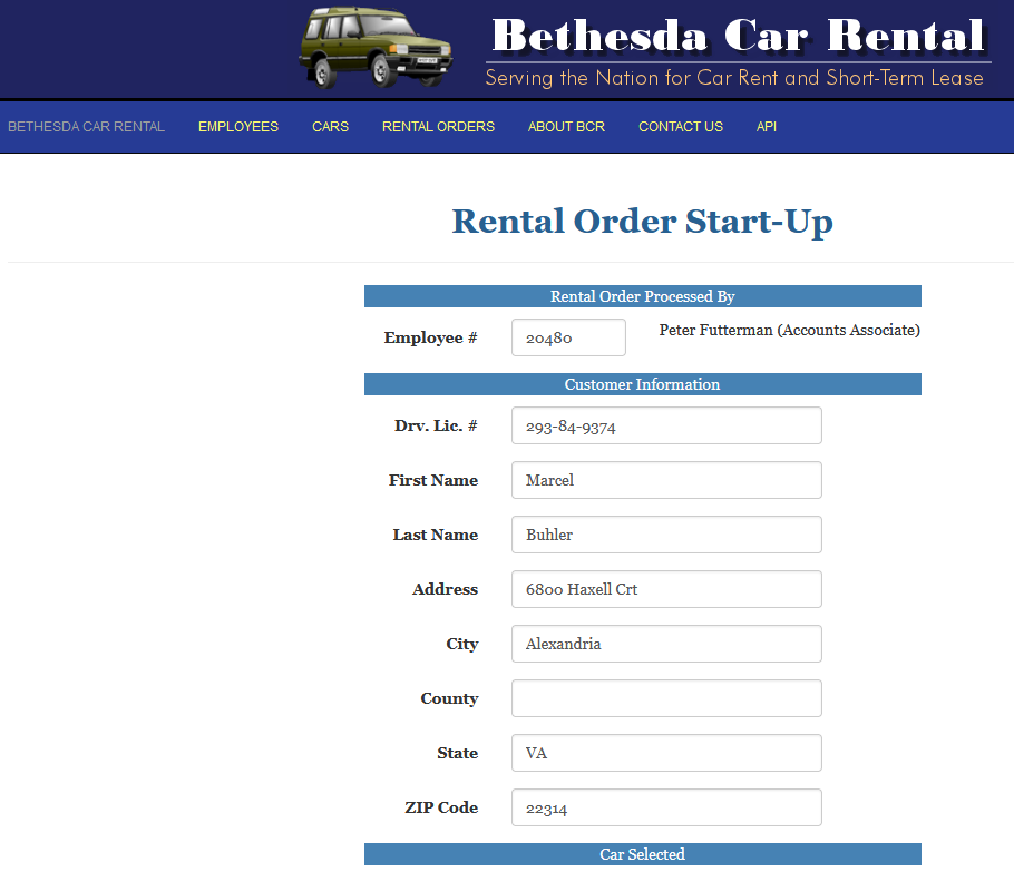 Bethesda Car Rental - Start New Rental Order