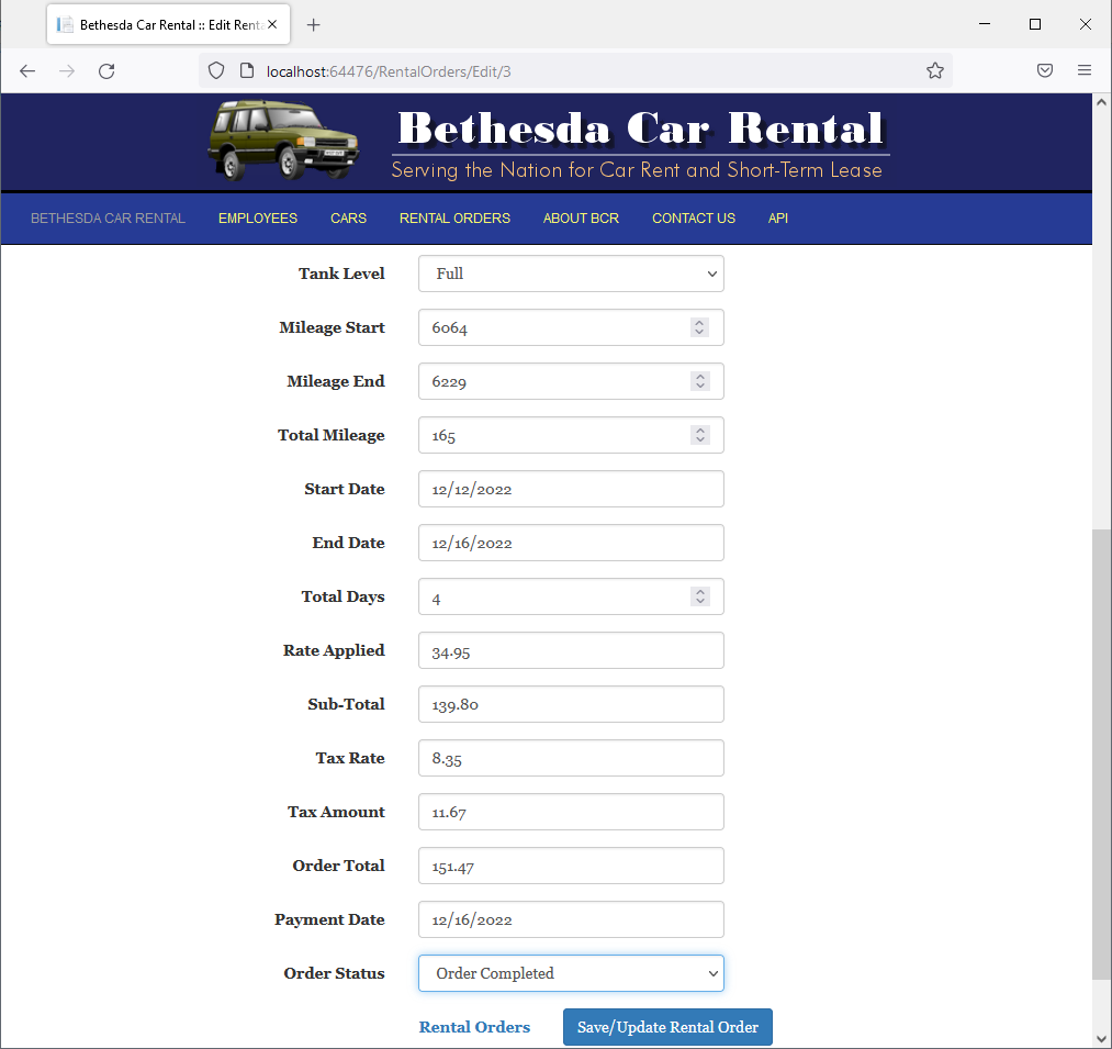 Bethesda Car Rental - Rental Order Rturn