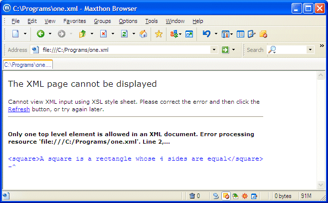 An ill-formed XML file in a Browser