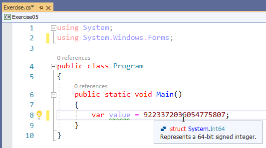 If you declare an integer variable using the var keyword and initialize it with a value between 2,147,484,647 and 9,223,372,036,854,775,807, the compiler concludes that the memory needed to store that variable is 64 bits