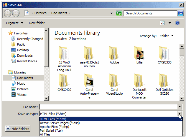 The Save As dialog box with various file extensions