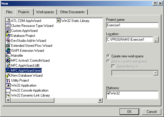 The Project page of the New dialog box when MFC AppWizard (exe) is selected