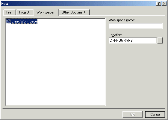 The Workspaces page of the New dialog box