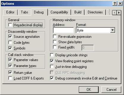 The Debug Page of the Options Dialog Box