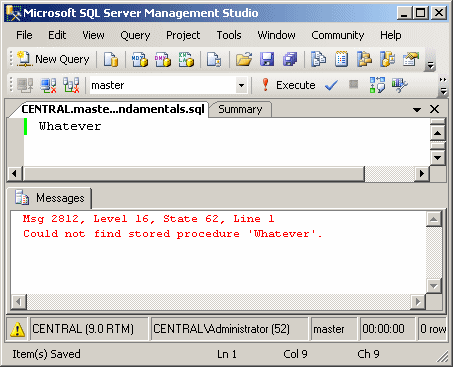 Microsoft SQL Server Management Studio: An error in the Query window