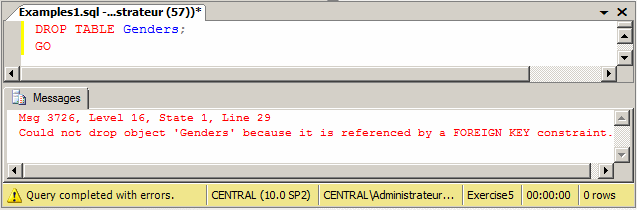 If you try to delete the Genders table, which is a parent to the Persons, table, you would receive an error