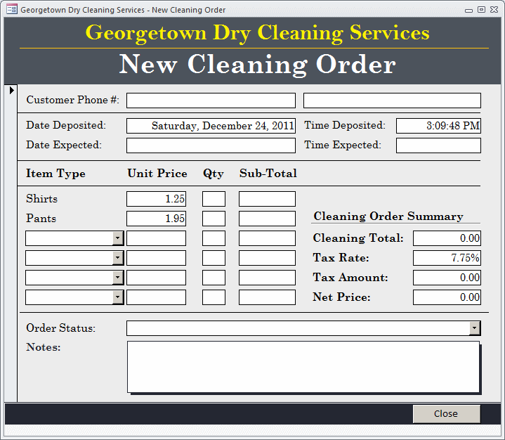 Georgetown Dry Cleaning Services - New Cleaning Order