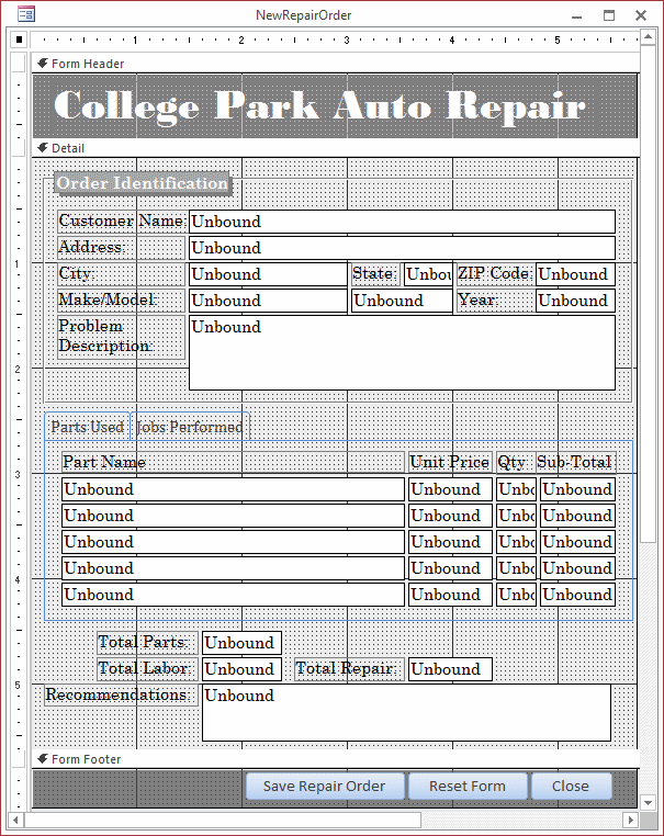 College Park Auto Repair - New Repair Order