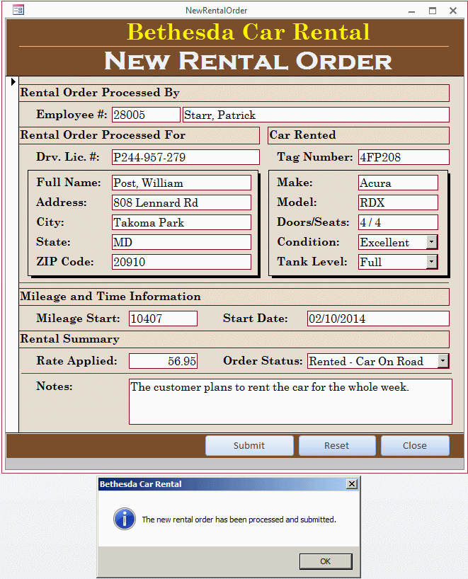 Bethesda Car Rental - New Rental Order