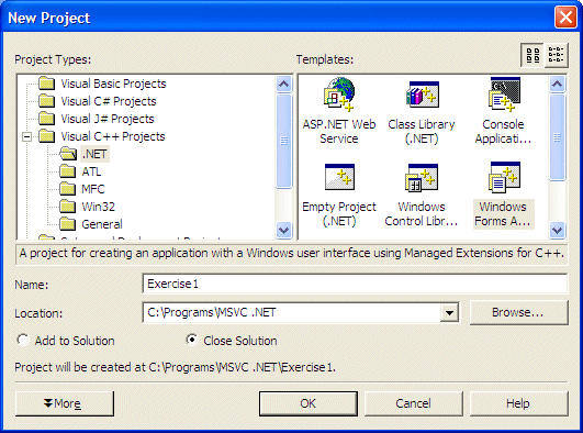 The New Project dialog box