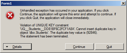 Violation of UNIQUE KEY constraint 'UQ__Students__DD81BF6C145C0A3F'. Cannot insert duplicate key in object 'dbo.Students'. The statement has been terminated.