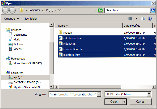 The Open Dialog Box - Selecting the HTML files