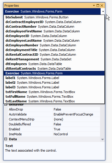 Selecting a Control from the Top Combo Box of the Properties Window